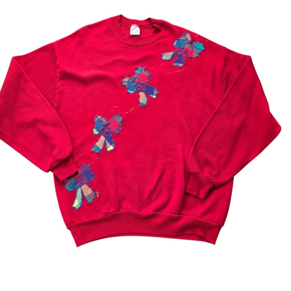 Vintage 90s JERZEES Sweatshirt Womens Size XL Ugly Christmas‎ Sweater Ribbon